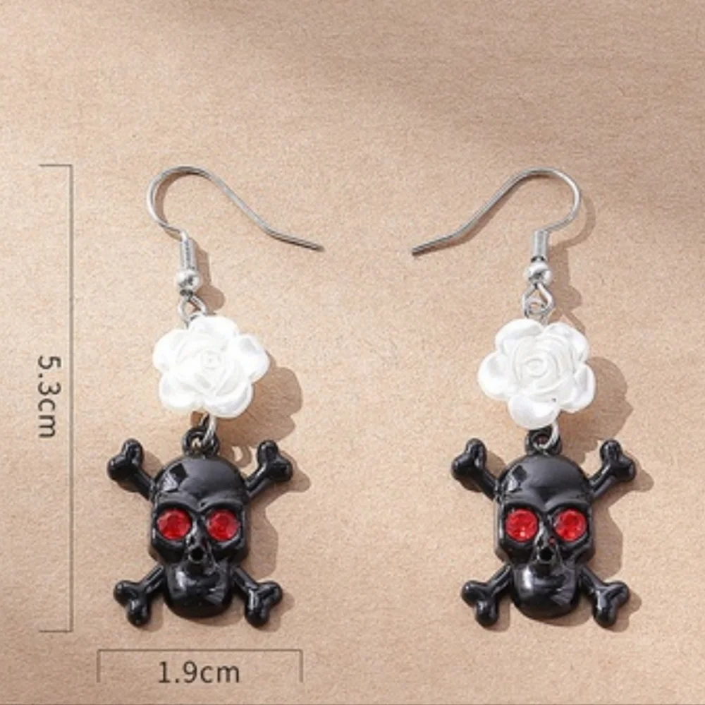 Skull & Crossbone Dangle Drop Earrings With Red Gems/Rinestones For Eyes - Picture 7 of 7